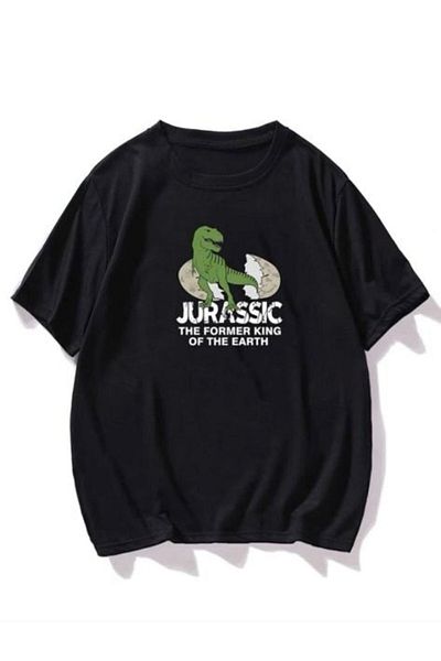 AFROGİYİM Μαύρο μπλουζάκι Oversize Jurassic Dinosaur Printed