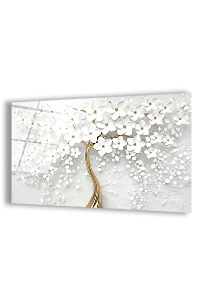 Zevahir Mobilya Dekorasyon Tablou cu flori albe din sticlă irezistibilă