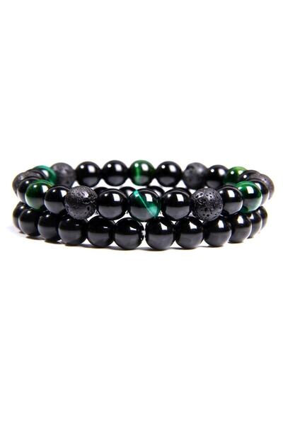 Kusakli Double Unisex Design Natural Stone Bracelet Set (onyx-lav-green Tiger...