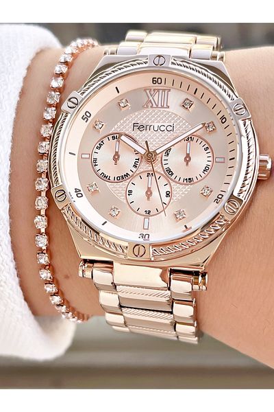 Ferrucci Rose Gold Color Large Case Roman Numeral Women's Wristwatch + Bracelet Gift