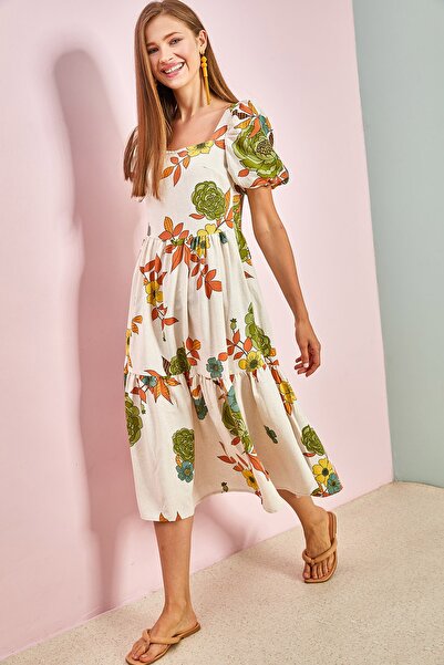 Bianco Lucci Dámské plátěné šaty s čtvercovým límcem s melounovým rukávem 5832