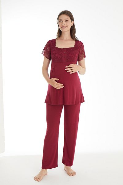 Miss Dünya Lissa Claret Red Lace Maternity and Pregnant Pajamas Set