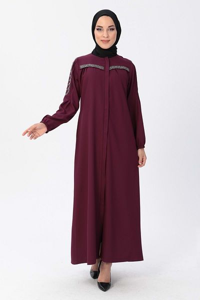 Modamihram Zippered Stone Detailed Abaya Plum
