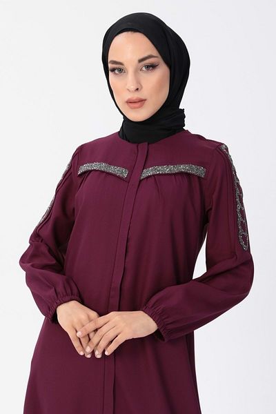 Modamihram Zippered Stone Detailed Abaya Plum