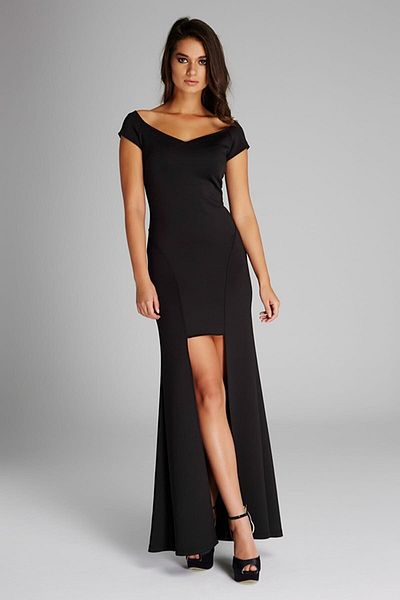 Laranor Black Pool Collar Fish Cut Low-cut Crepe Fabric Evening Dress & Graduation Dress
