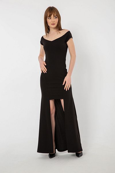 Laranor Black Pool Collar Fish Cut Low-cut Crepe Fabric Evening Dress & Graduation Dress
