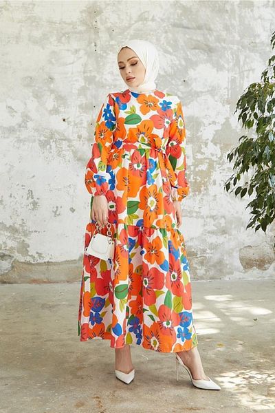benguen 429 Floral Patterned Hijab Dress Orange