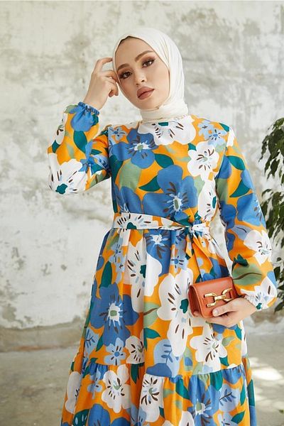 benguen 429 Floral Patterned Hijab Dress Indigo