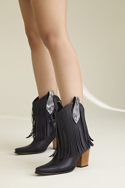 AYAKKABI PRENSİ Γυναικείες μπότες & μποτάκια με φούντα, μαύρο ματ 8 εκ., ψηλο...