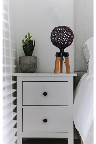 menalART Ağaç Tasarım Mini Lambader Siyah Top Ahşap Abajur Ağaç Aydınlatma Komodin Üstü