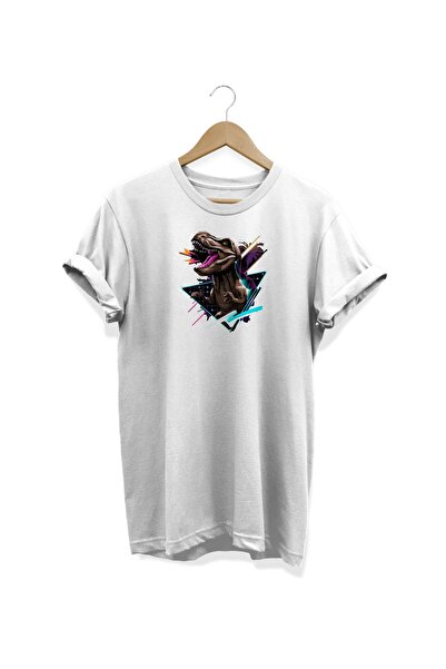 WİDİ تي شيرت أبيض بطبعة ديناصور