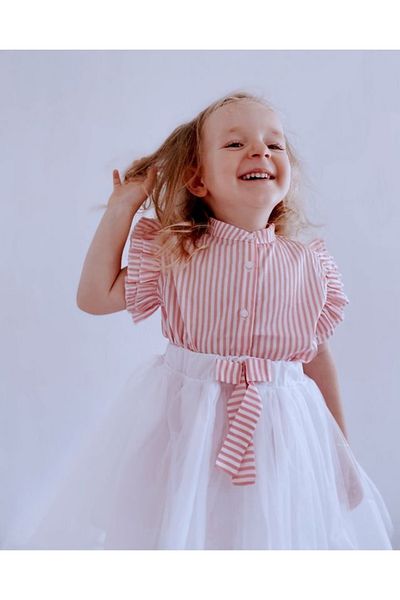 le petit sole Girl's Pink Striped Shirt and Tutu Skirt Set