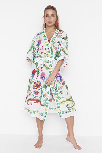 Trendyol Collection Ecru Floral Printed Voile Beach Kimono&Beach Kaftan TBESS21KM0086