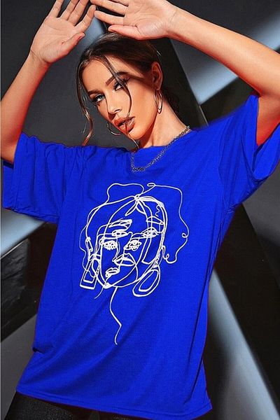 Machetta Γυναικείο Sax Blue Face Print Λεπτομερές μπλουζάκι Oversize