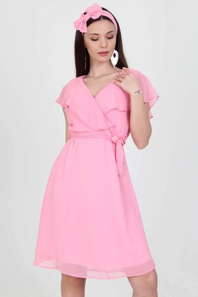 Neşeli Butik فستان نسائي متوسط الطول للموسم الجديد بياقة مزدوجة الصدر وأكمام ...