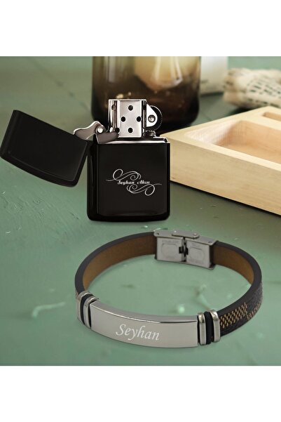 Bk Gift Kişiye Özel Isimli Benzinli Çakmak Ve Sarı Desenli Deri Bileklik Hedi...