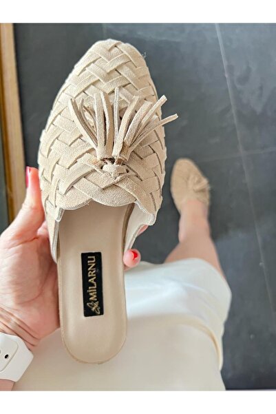 MİLARNU Bej Püsküllü Örgü Süet Terlik