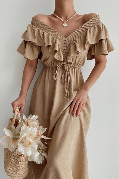 Suzi butik Γυναικείο φόρεμα καμηλό, λαστιχένιο γιακά, guiped και φουσκωτό