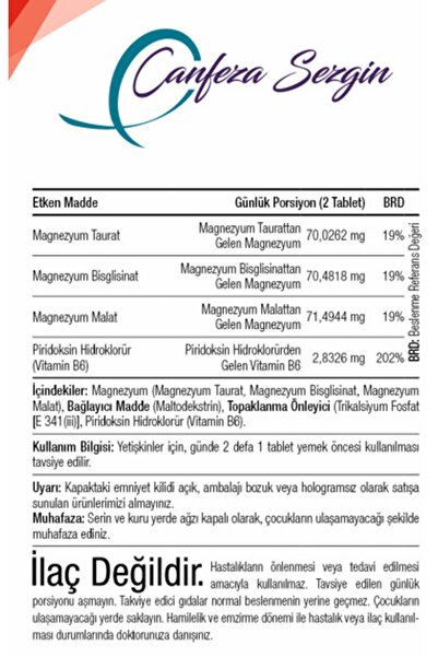 Canfeza Sezgin MAGNEZYUM TRİPLET PLUS VİTAMİN B6 60 Tablet - Magnezyum Taurat, Magnezyum Bisglisinat, Magnezyum Malat, B6 Vitamini Kompleksi