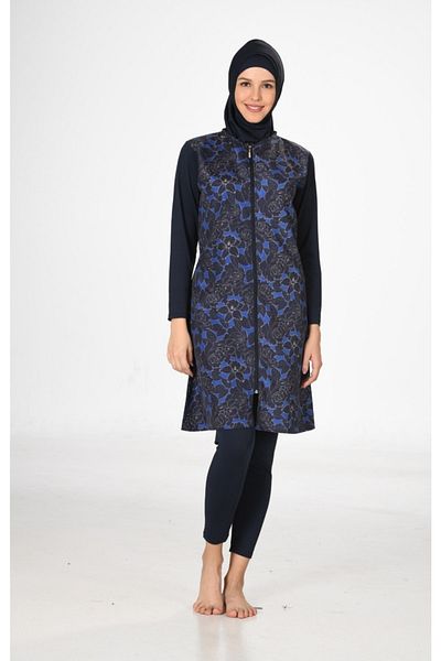 Fantasy 3060 Floral Patterned Parachute-lycra Hijab Swimsuit Navy Blue