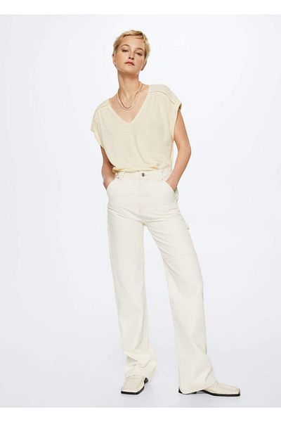 MANGO Woman V-Neck Linen T-Shirt