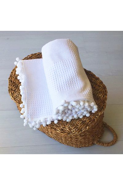 Lief Home Waffle Patterned Pompom Baby Pique Blanket| 100x115