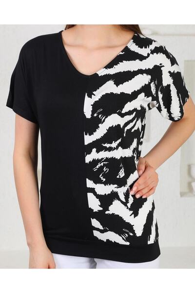 asur boutique Women's Black Zebra Patterned Comfortable Fit Cotton T-Shirt