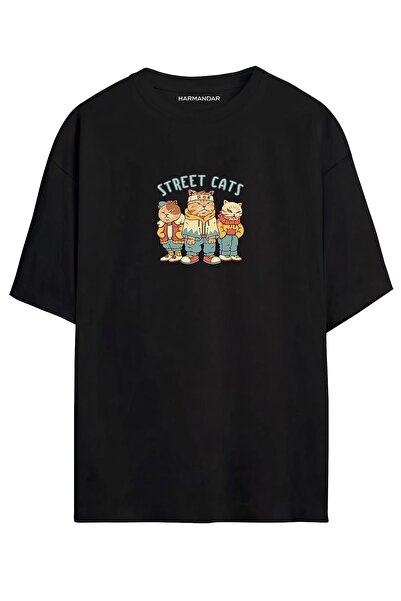 Harmandar Street Cats - Street Cats Μαύρο - Λευκό Oversize T-shirt