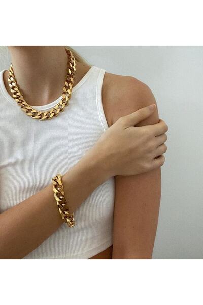 bueistanbul Kadın Kalın Gold Zincir Detaylı Kolye Bileklik Set