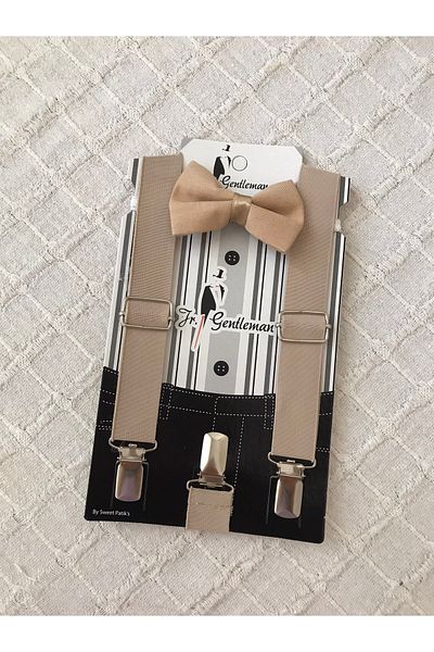 Jr Gentleman Boy's Green Blue Plaid Bow Tie Khaki Suspender Set