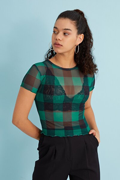 Bukamiss Γυναικεία μαύρη πράσινη τετράγωνη στάμπα με λαιμόκοψη με κοντό μανίκ...