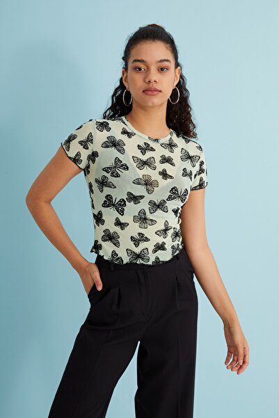 Bukamiss Bluză transparentă din tul cu mânecă scurtă, cu imprimeu fluture, verde, neagră