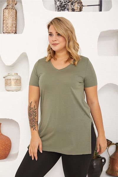 Seamoda Plus Size V-Neck Slit Basic Tshirt-Khaki
