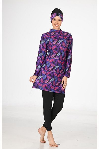Fantasy 3056 Printed Pattern Leaf Motif Hijab Swimsuit Navy Blue