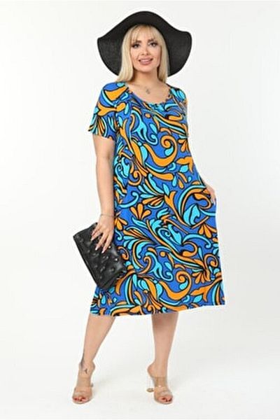 Hazinedan Plus Size Casual Turquoise Dress with Pockets