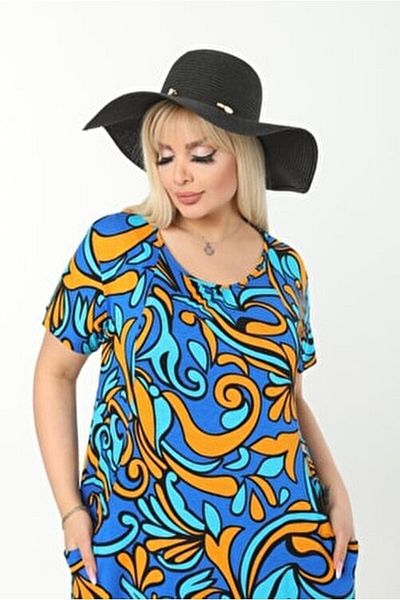 Hazinedan Plus Size Casual Turquoise Dress with Pockets
