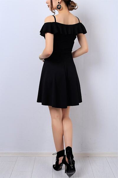 lovebox Rochie mini neagră evazată, cu detaliu de volan pe guler, bretele subțiri, țesătură creponată flexibilă 077/155191