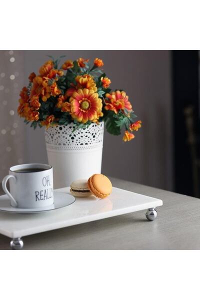Akayev Mermer Beyaz 30x20 Cm Gümüş Boncuk Ayaklı Sunum Tabağı