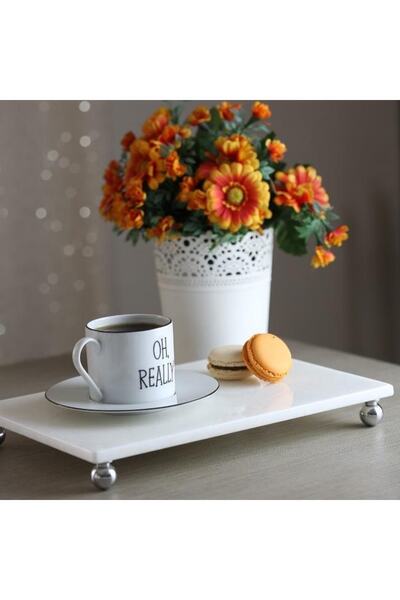 Akayev Mermer Beyaz 30x20 Cm Gümüş Boncuk Ayaklı Sunum Tabağı