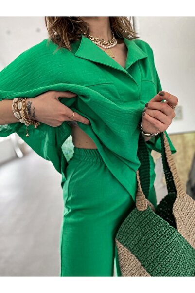 Laluvia Grasgrüner Leinensatz mit Schlitz an den Beinen