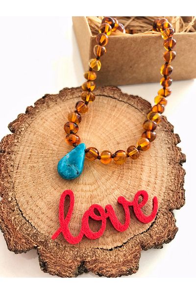 İpek Kehribar Lithuania Certified Genuine Baltic Drop Amber Women's Necklace with Turquoise Pendant Cognac Color