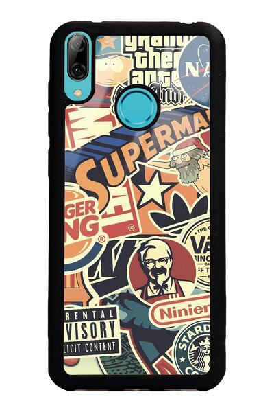 Spoyi Huawei Y7 (2019) Retro Marka Tasarımlı Glossy Telefon Kılıfı