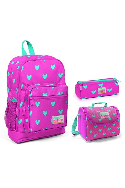Coral High Set de genți pentru școala primară din 3 piese pentru fete cu imprimeu inimă roz