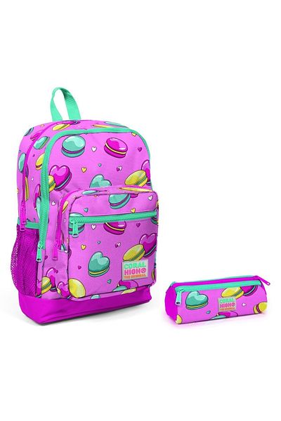 Yaygan Set de genți pentru școală primară pentru fete Coral High Pink Macarons - rucsac și suport pentru stilou