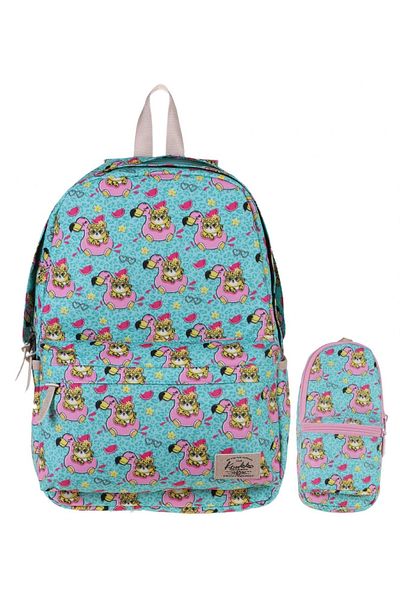 KAUKKO Set de rucsac pentru școală și zi cu zi Nature Turquoise Lion Flamingo