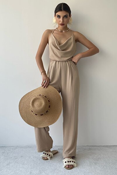 Özel Tasarım Tulum Sırtı Açık Bol Paça Tulum Degaje Yaka Tulum