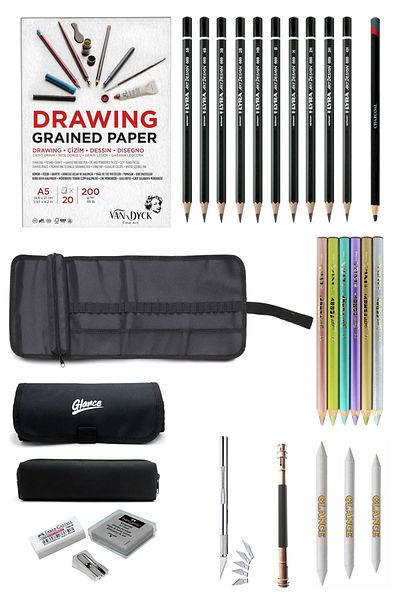 GLANCE Van Dyck A5 Drawing Notebook 200 Gr 20 Yp Lyra Graduated Pen Drawing Sketch Set with Metallic Curry Bag