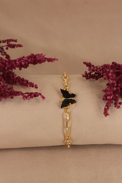 Dukkanka Women's Mother of Pearl Black Color Gold Plated Butterfly Bracelet