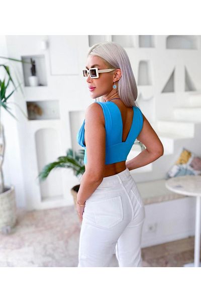 AB LOOKS Bluză crop albastră corsetă cu decolteu în V față în spate pentru femei
