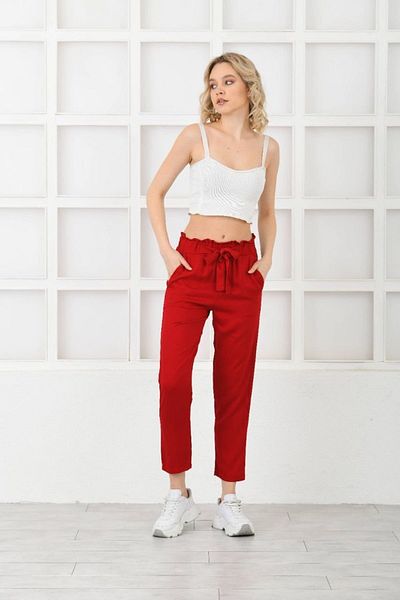 diaves Women's Summer Belmando Fabric Red Linen Trousers with Elastic Waist and Belt Detail
